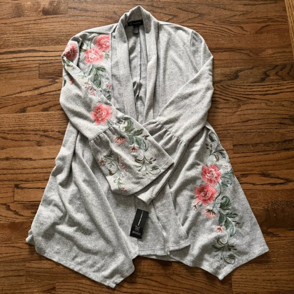 INC Women’s Gray Embroidered Cardigan Floral Sleeves Size Large NWT